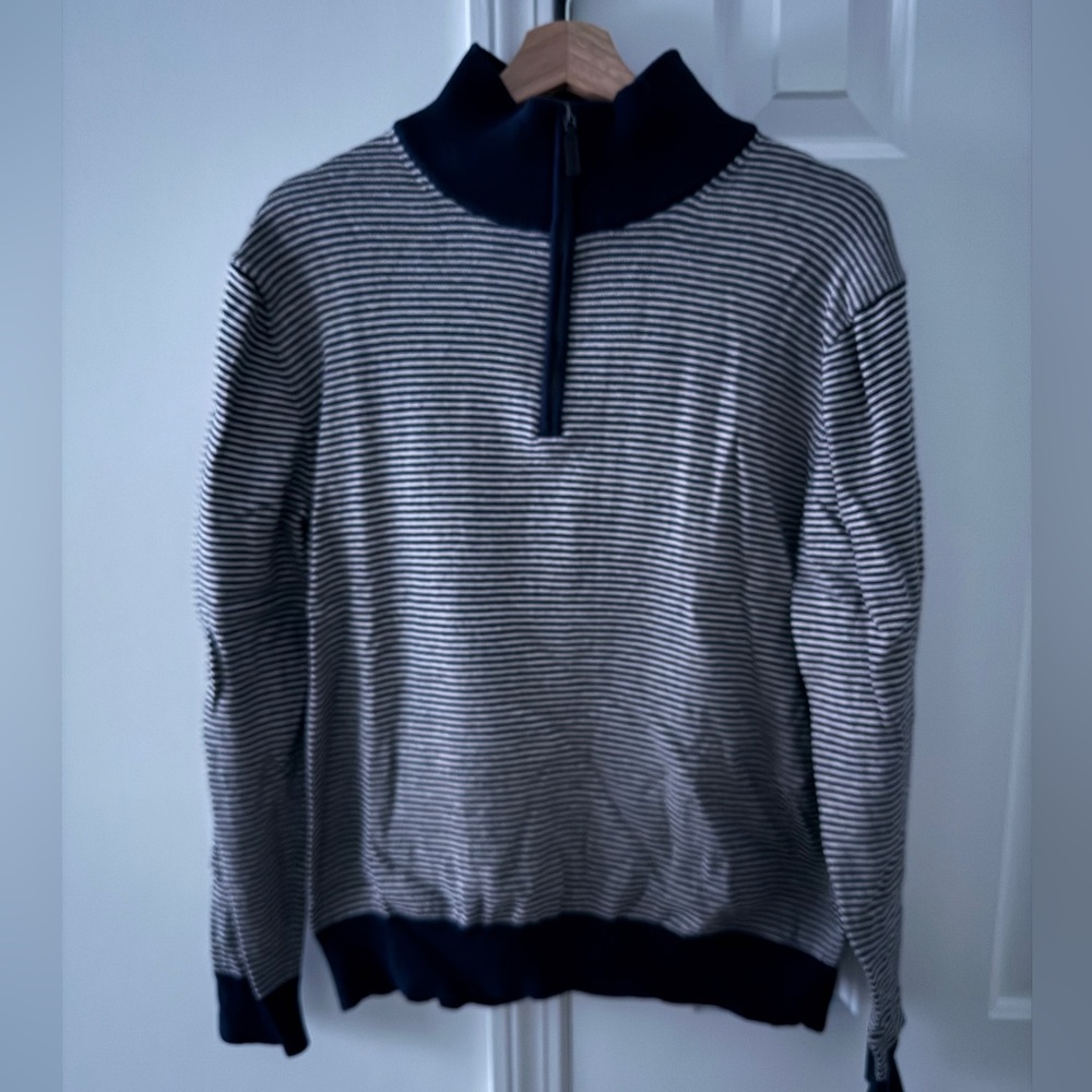 J. Crew Factory Men's Navy and Tan Striped Zip-Up Sweater